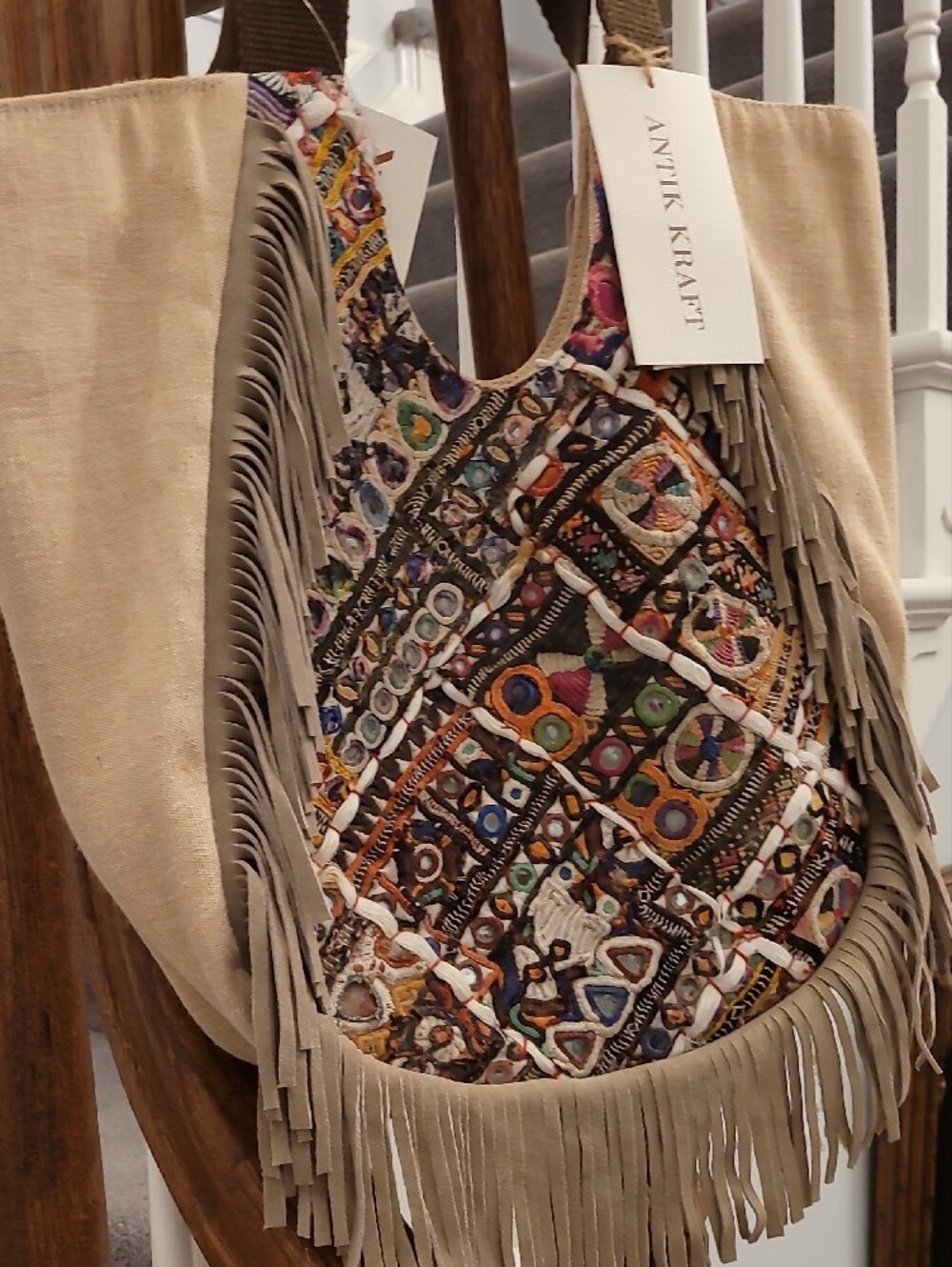 NWT Antik Kraft Beige Fringe Shoulder Bag with Multicolor Embroidered Panel